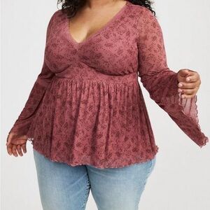 Torrid Women's Floral Mesh V-neck Top - Mauve, NWT